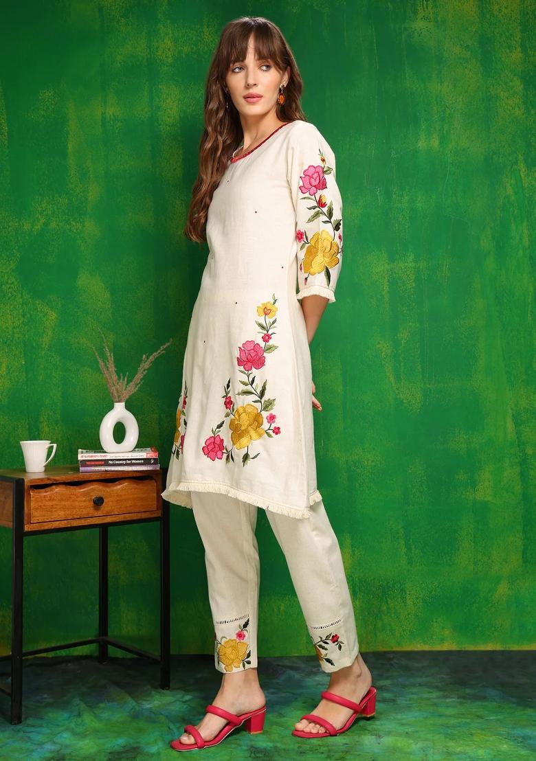 Beige Embroidery Cotton Kurta Set - Indya