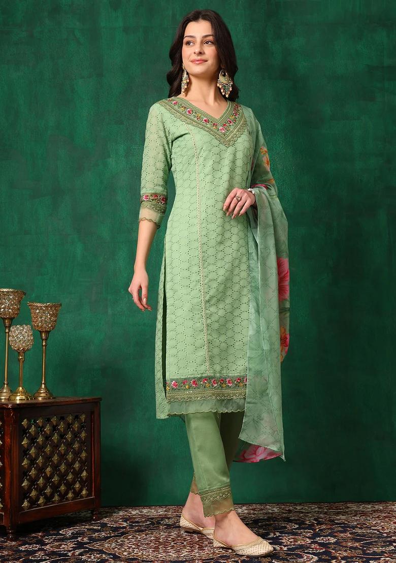 Green Embroidery Cotton Kurta Set - Indya