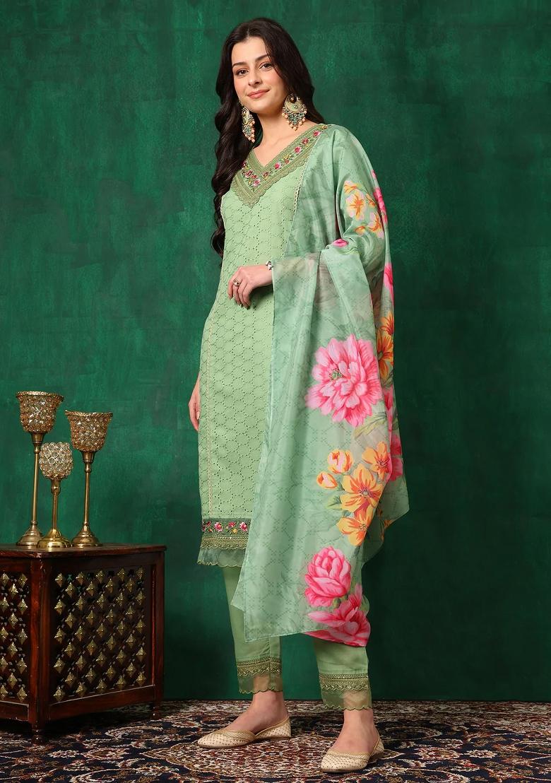Green Embroidery Cotton Kurta Set - Indya