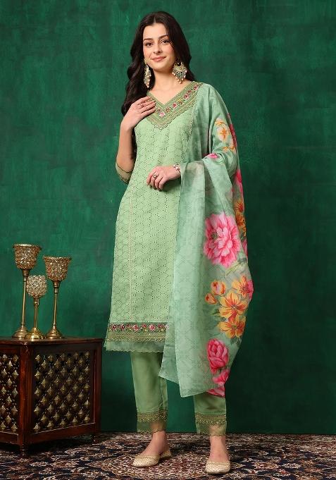Green Chikankari Cotton Pakistani Suit Set — view on Indya