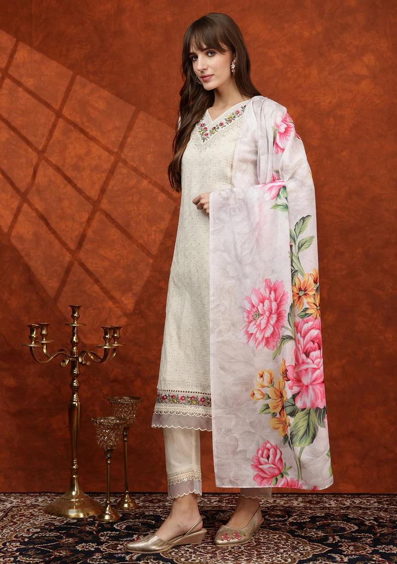 White Embroidery Cotton Kurta Set - Indya