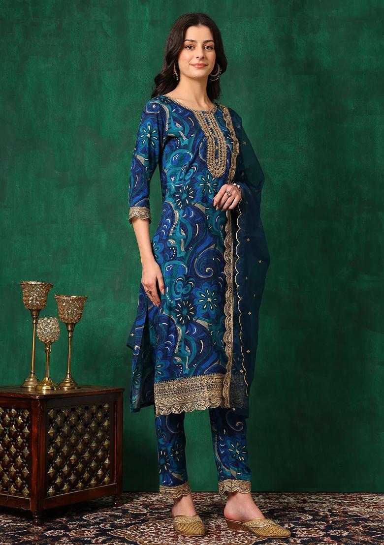 Blue Embroidery Rayon Kurta Set - Indya