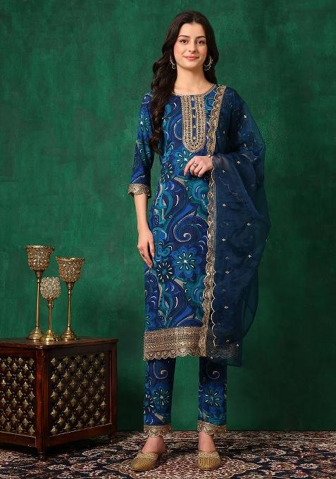 Blue Embroidery Rayon Kurta Set
