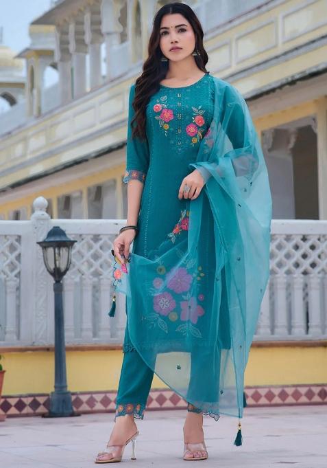Blue Embroidery Rayon Kurta Set