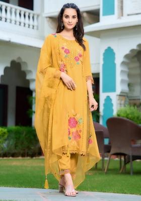 Yellow Embroidery Rayon Kurta Set