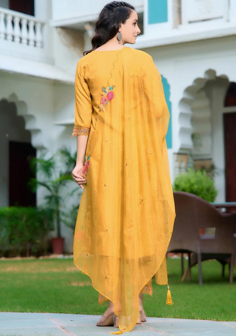 Yellow Embroidery Rayon Kurta Set - Indya
