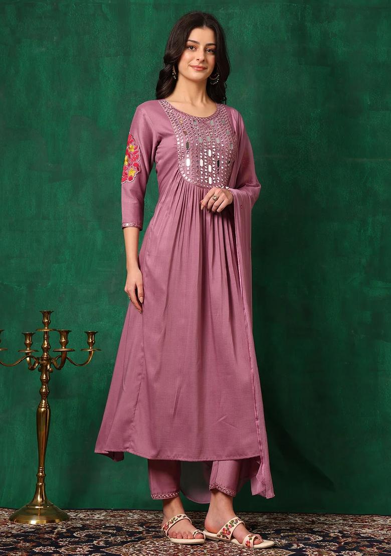 Lavender Embroidery Chinon Kurta Set - Indya