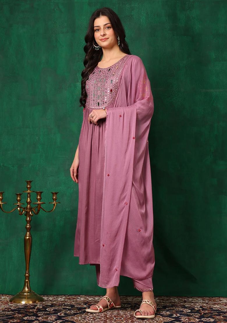 Lavender Embroidery Chinon Kurta Set - Indya