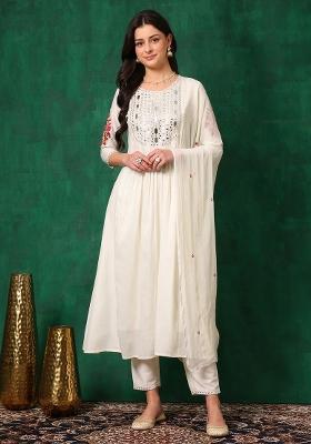 White Embroidery Chinon Kurta Set