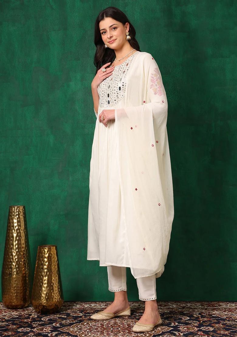 White Embroidery Chinon Kurta Set - Indya