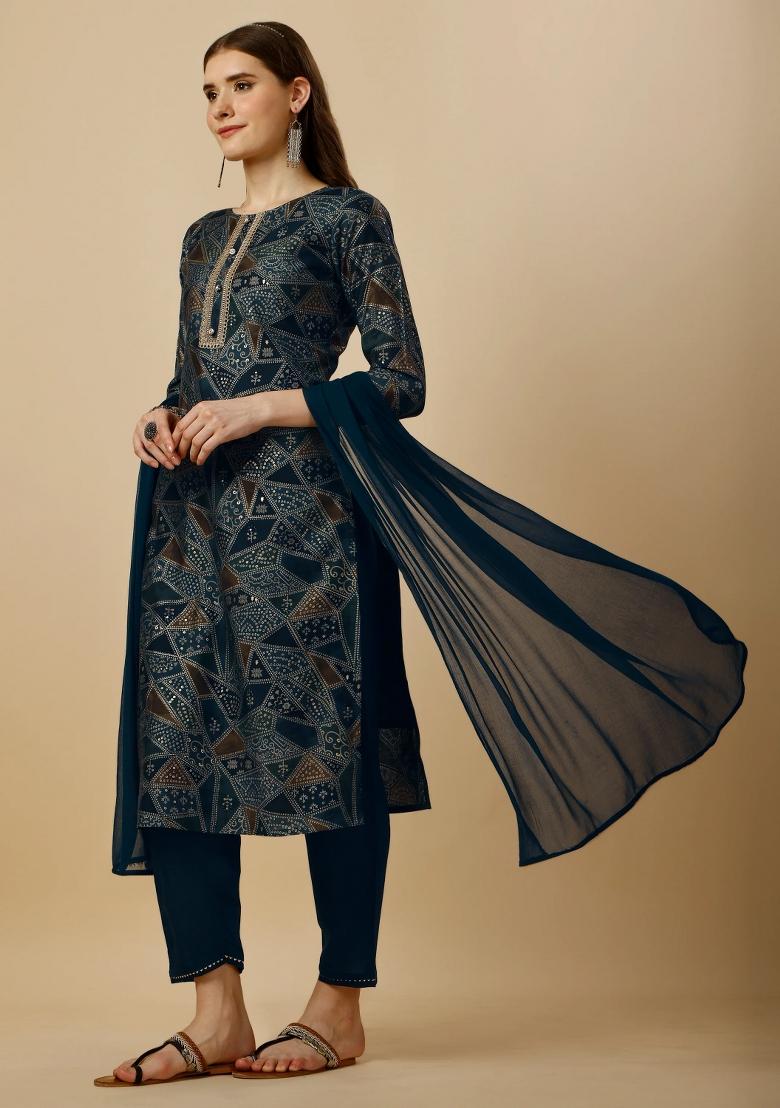 Multicolor Embroidery Rayon Kurta Set - Indya