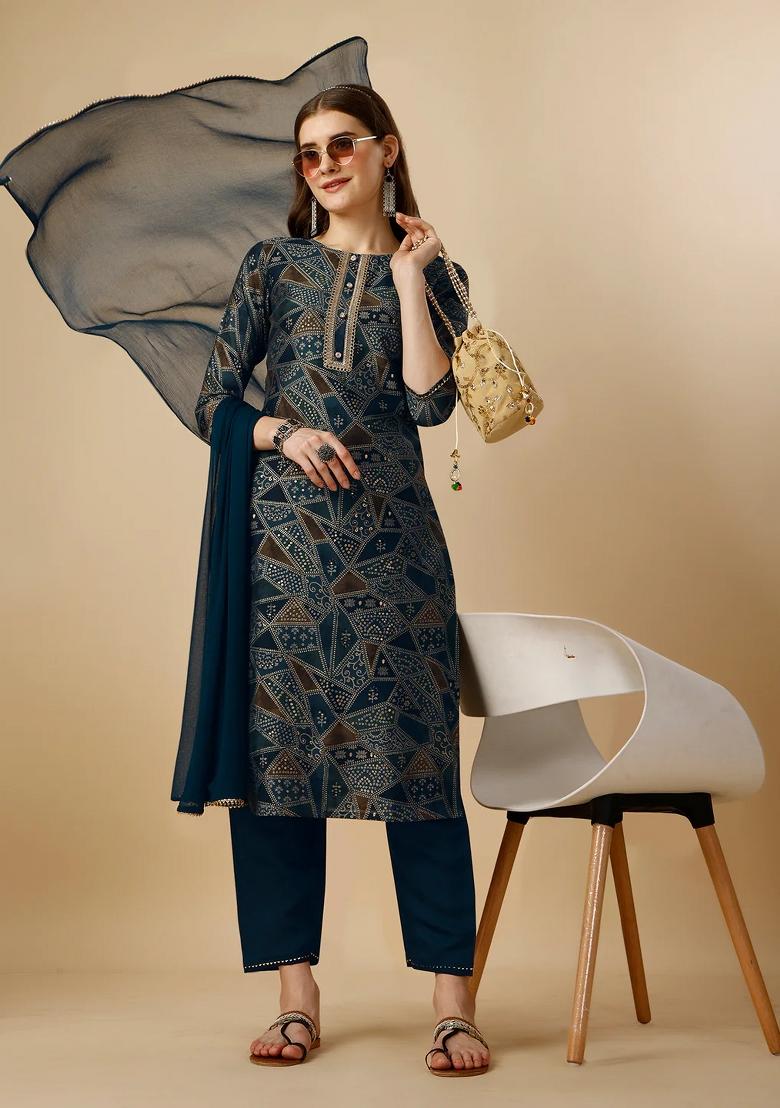 Multicolor Embroidery Rayon Kurta Set - Indya