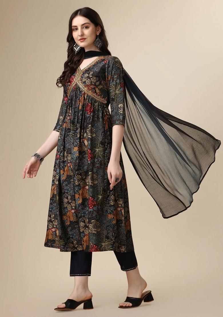 Multicolor Embroidery Rayon Kurta Set - Indya