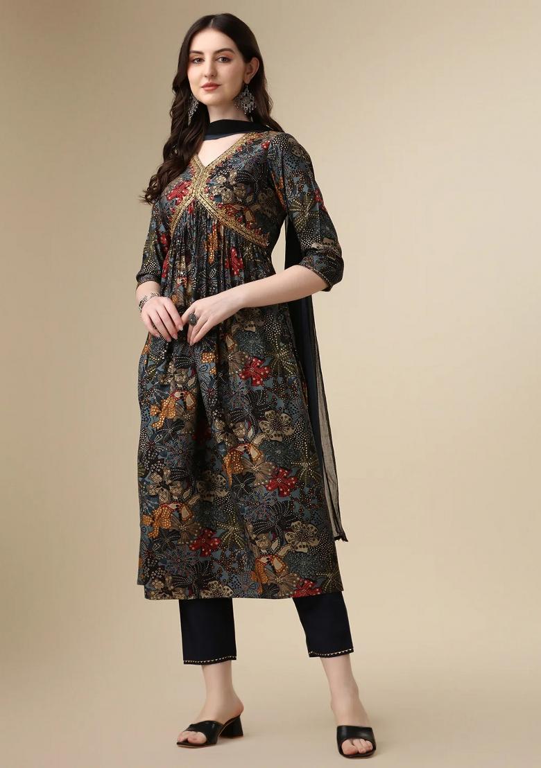 Multicolor Embroidery Rayon Kurta Set - Indya