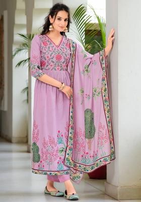 Lavender Embroidery Cotton Kurta Set