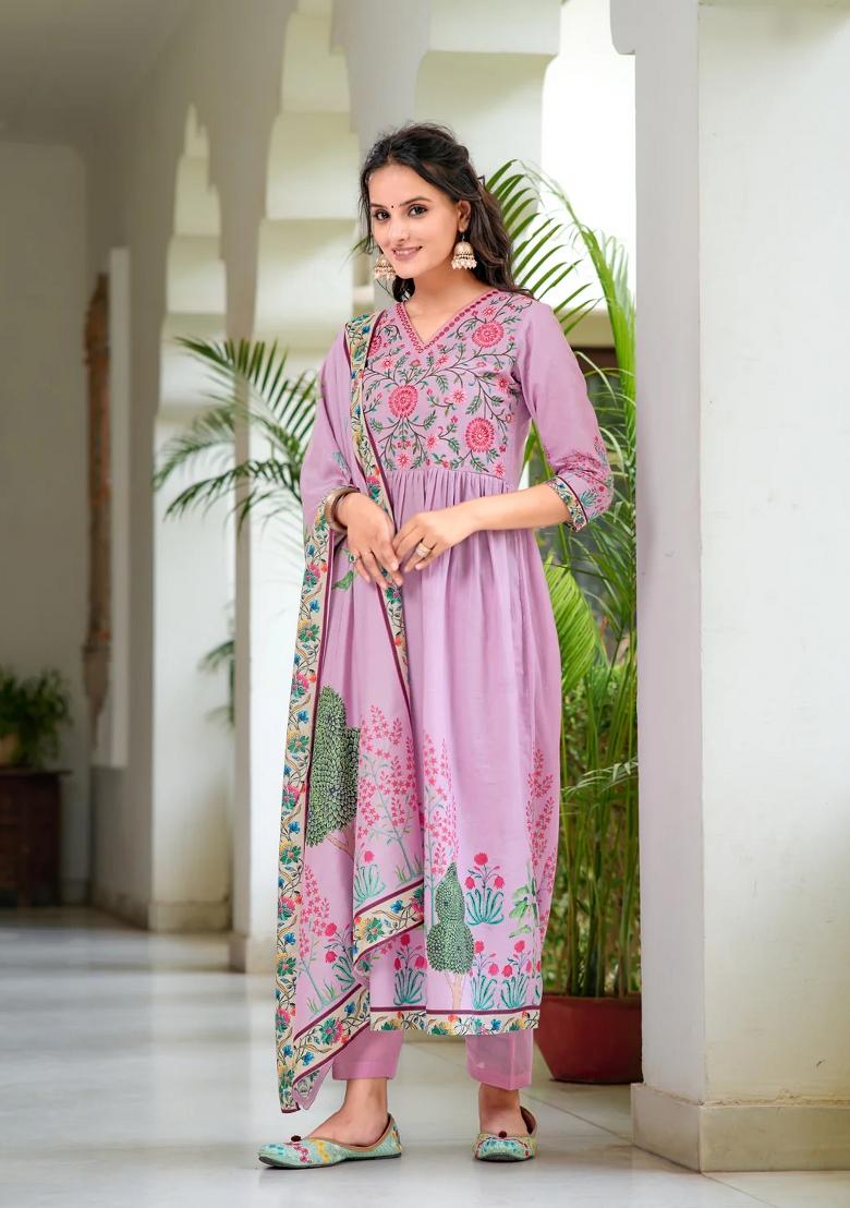 Lavender Embroidery Cotton Kurta Set - Indya