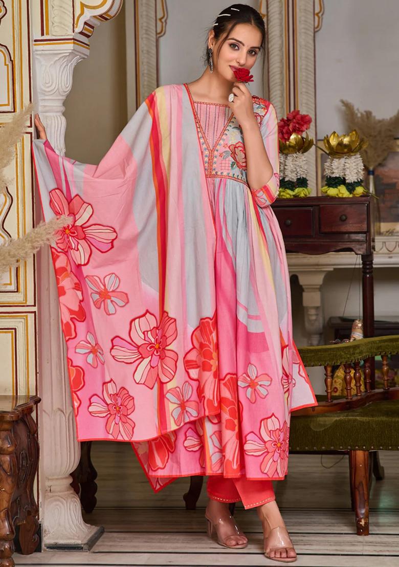 Pink Embroidery Cotton Kurta Set - Indya