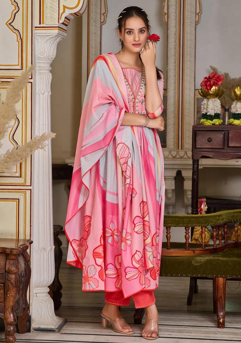 Pink Embroidery Cotton Kurta Set - Indya