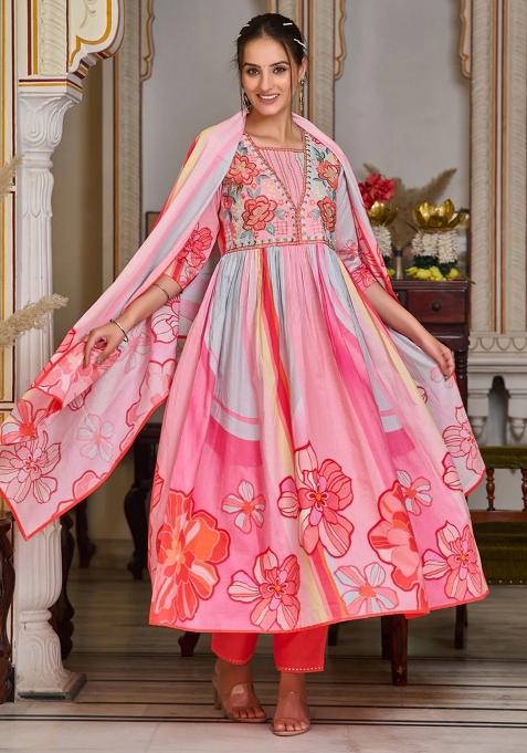 Pink Embroidery Cotton Kurta Set