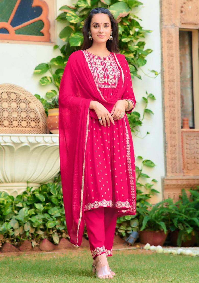 Pink Embroidery Rayon Kurta Set - Indya