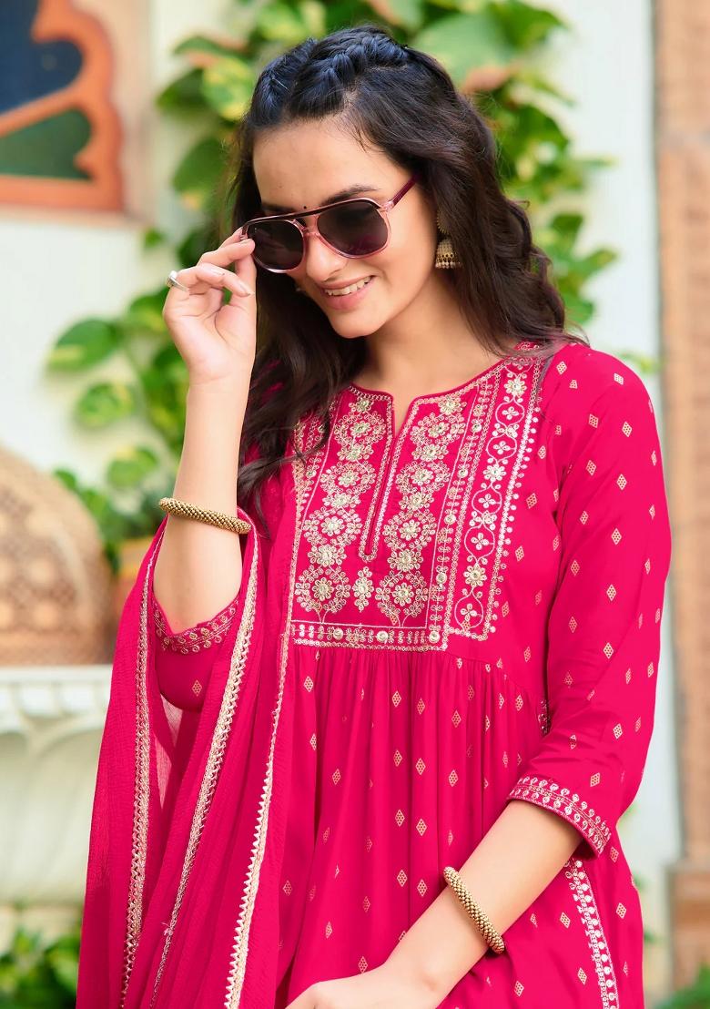 Pink Embroidery Rayon Kurta Set - Indya