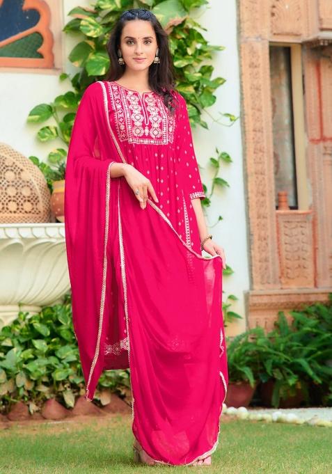 Pink Embroidery Rayon Kurta Set
