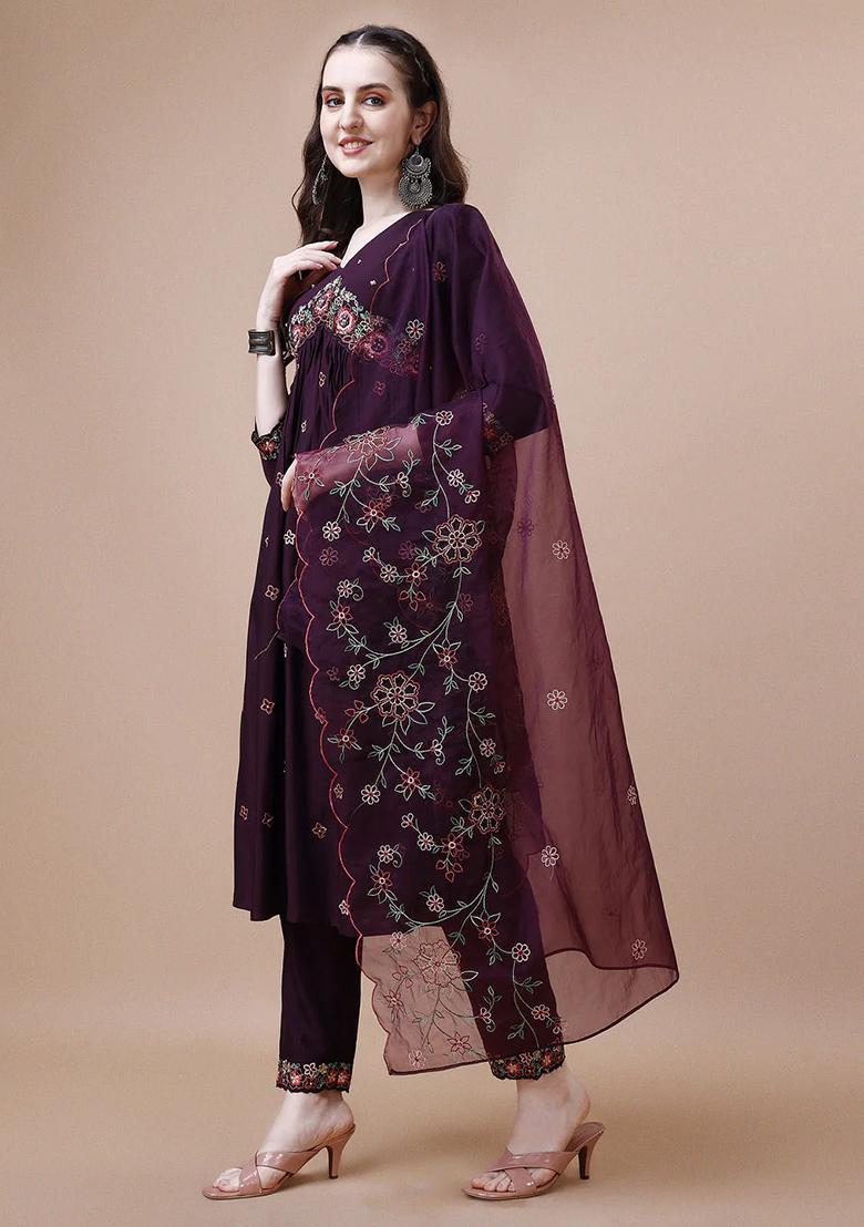 Multicolor Embroidery Rayon Kurta Set - Indya