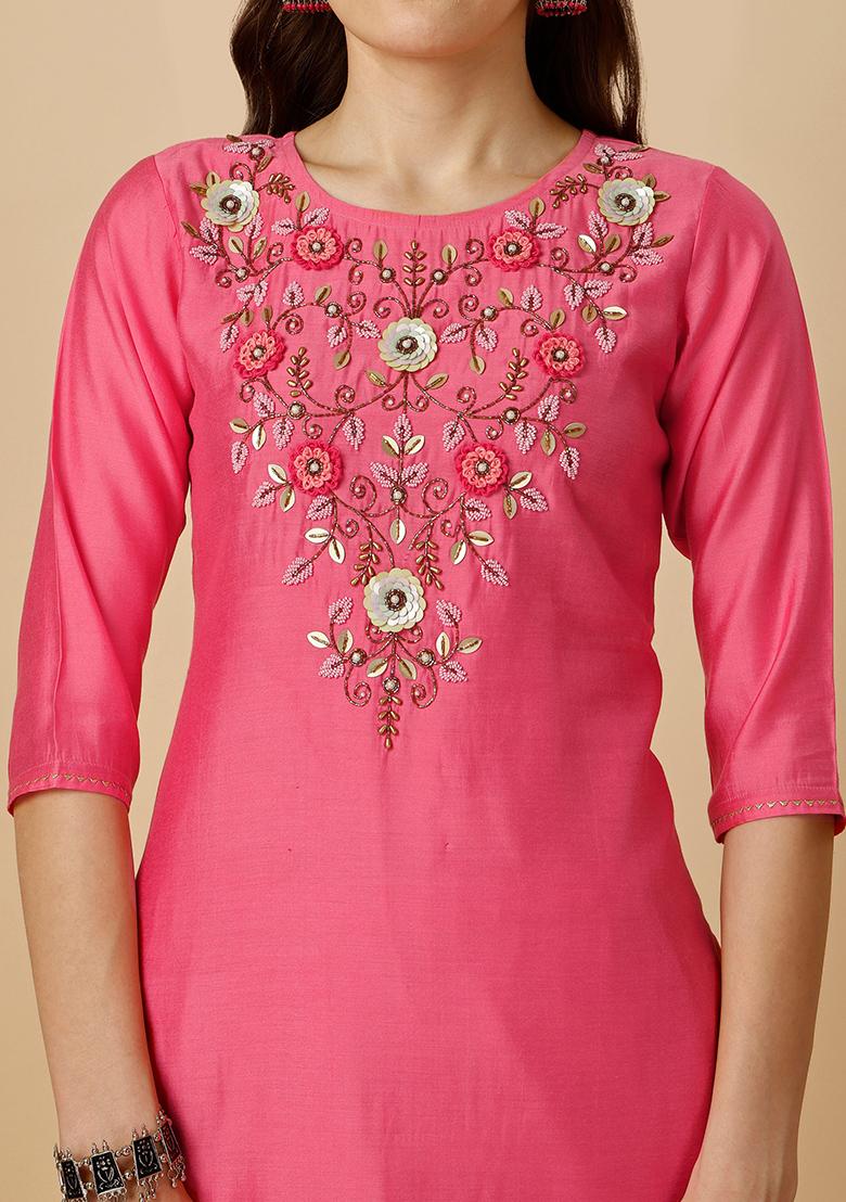 Multicolor Embroidery Rayon Kurta Set - Indya