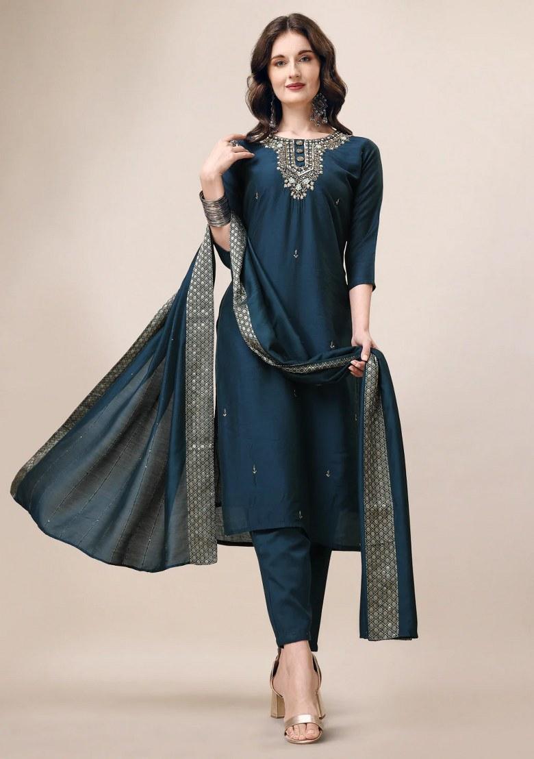 Multicolor Embroidery Rayon Kurta Set - Indya