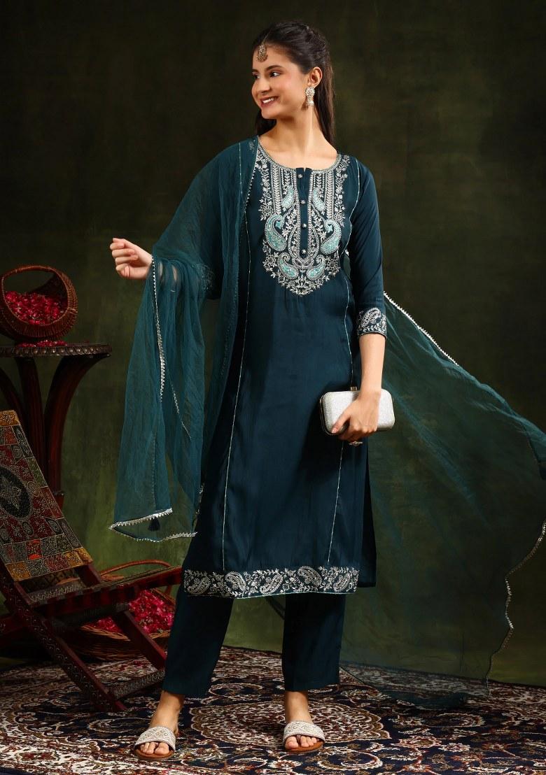 Teal Blue Embroidery Chanderi Kurta Set - Indya