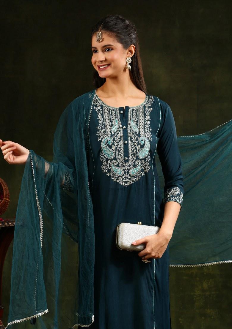 Teal Blue Embroidery Chanderi Kurta Set - Indya