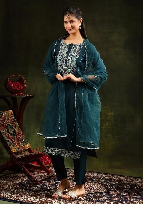 Teal Blue Embroidery Chanderi Kurta Set