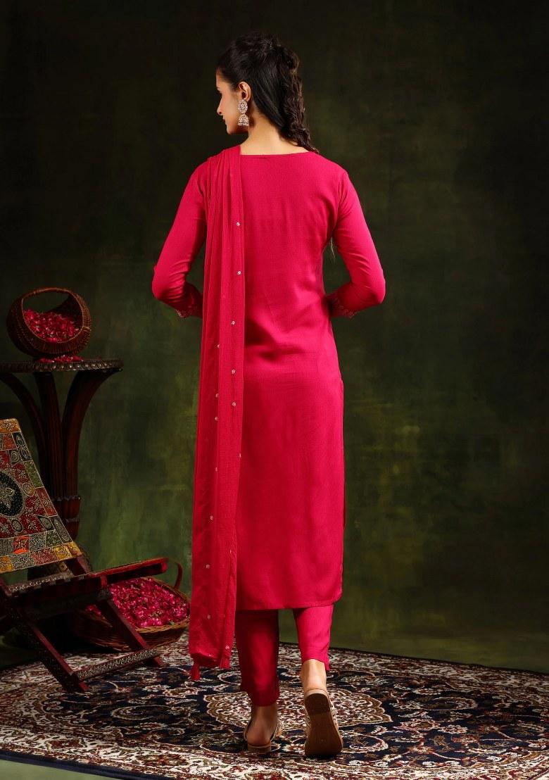 Rani Pink Embroidery Rayon Kurta Set - Indya