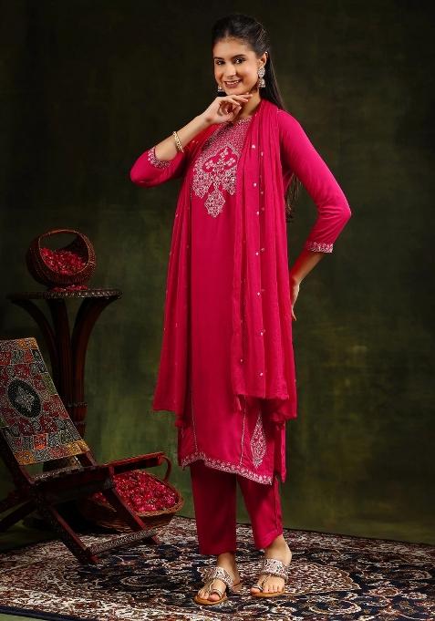 Rani Pink Embroidery Rayon Kurta Set