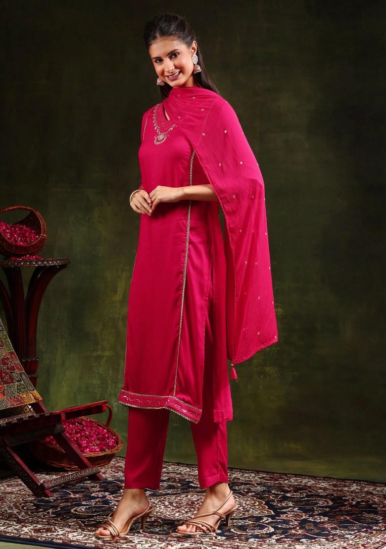 Pink Embroidery Rayon Kurta Set - Indya