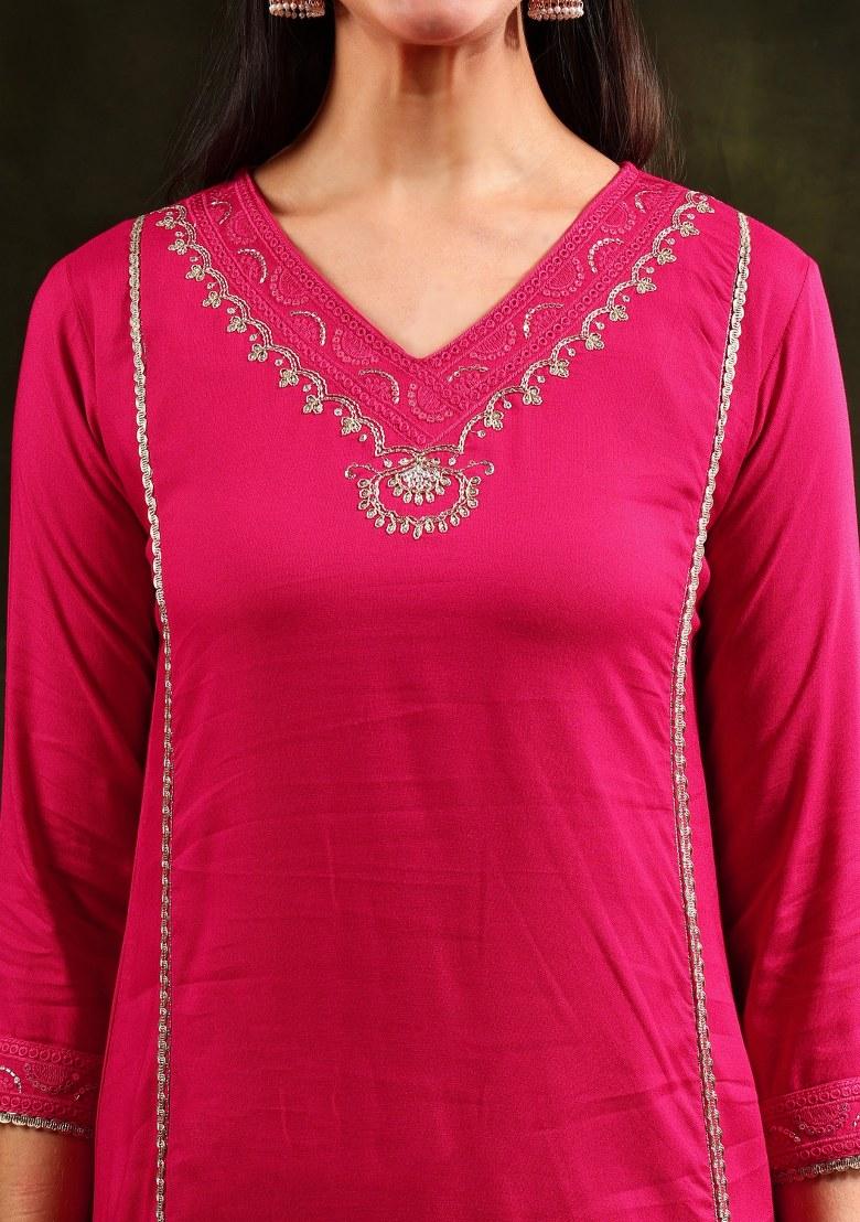 Pink Embroidery Rayon Kurta Set - Indya