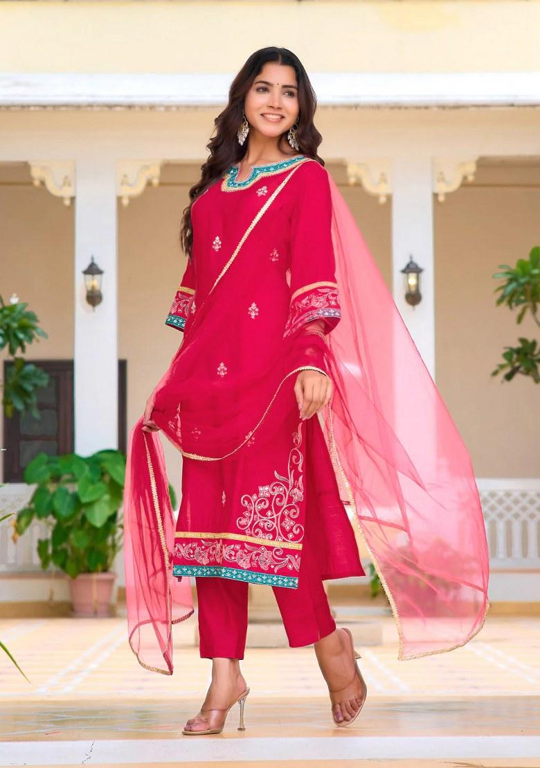 Pink Embroidery Chanderi Kurta Set - Indya