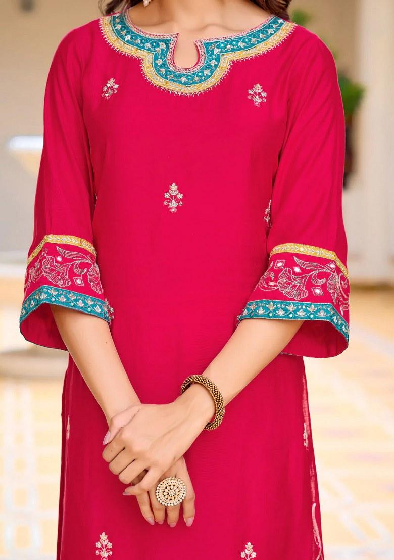 Pink Embroidery Chanderi Kurta Set - Indya