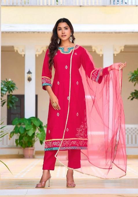 Pink Embroidery Chanderi Kurta Set