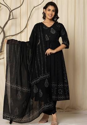 Black Printed Cotton Anarkali Set