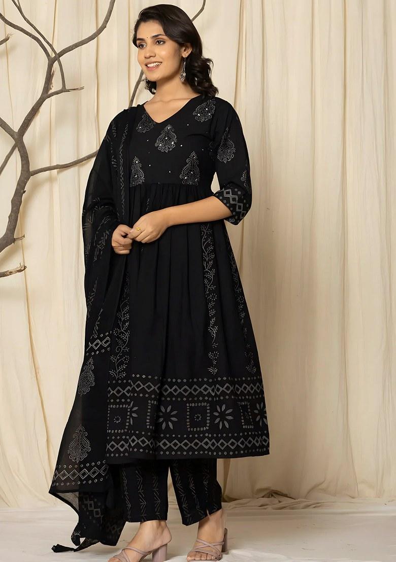 Black Embroidery Cotton Kurta Set - Indya