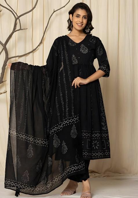 Black Embroidery Cotton Kurta Set