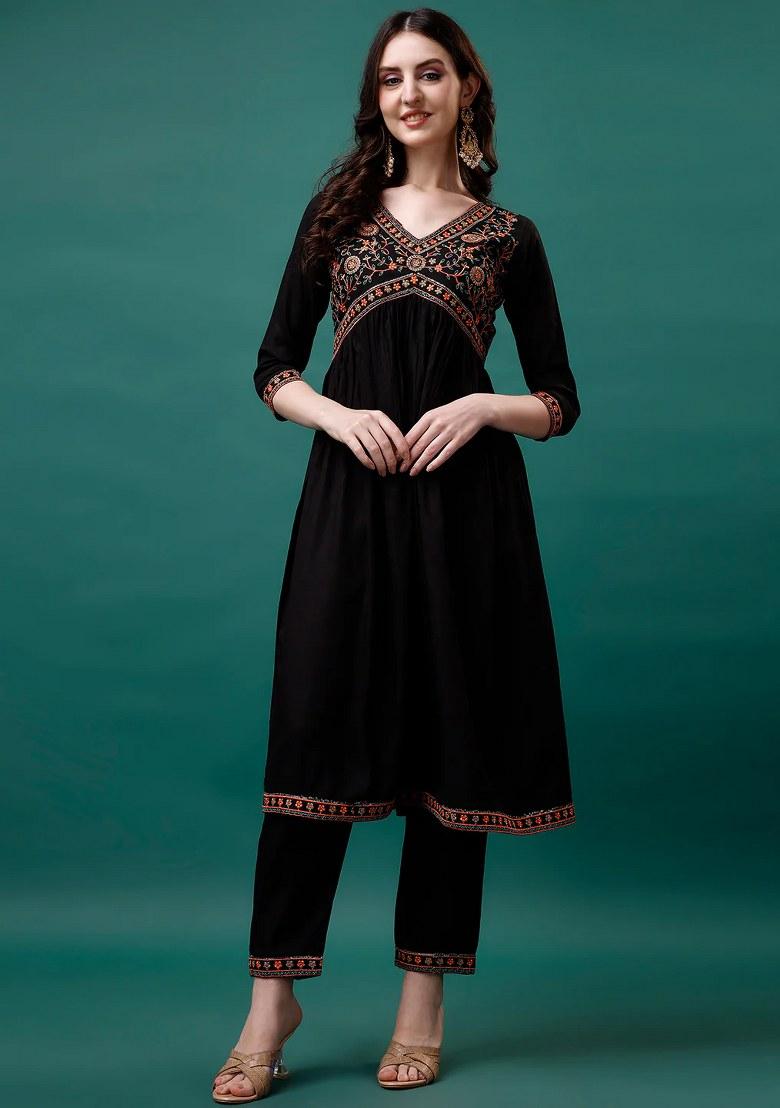 Multicolor Embroidery Rayon Kurta Set - Indya