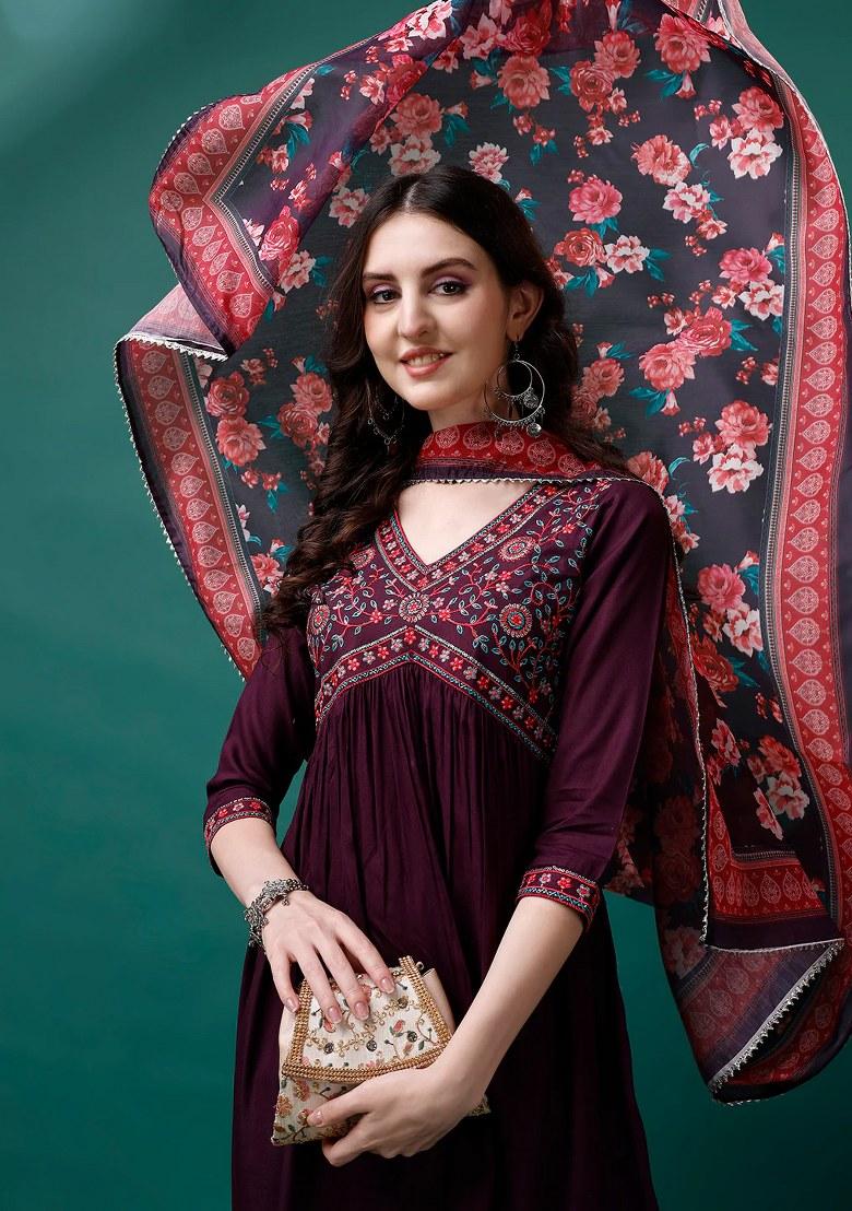 Multicolor Embroidery Rayon Kurta Set - Indya
