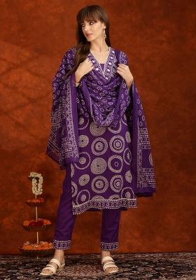 Purple Embroidery Cotton Kurta Set