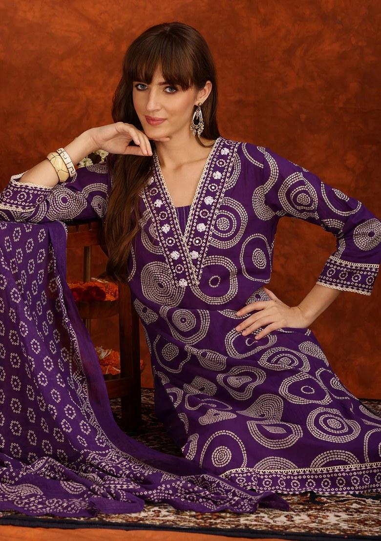 Purple Embroidery Cotton Kurta Set - Indya