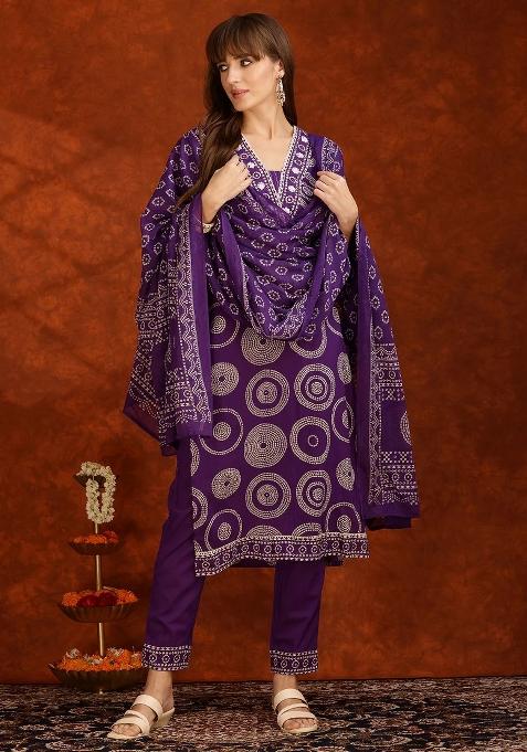 Purple Embroidery Cotton Kurta Set