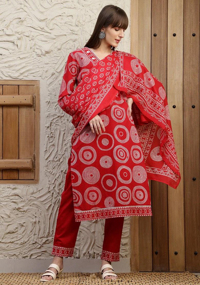 Red Embroidery Cotton Kurta Set - Indya