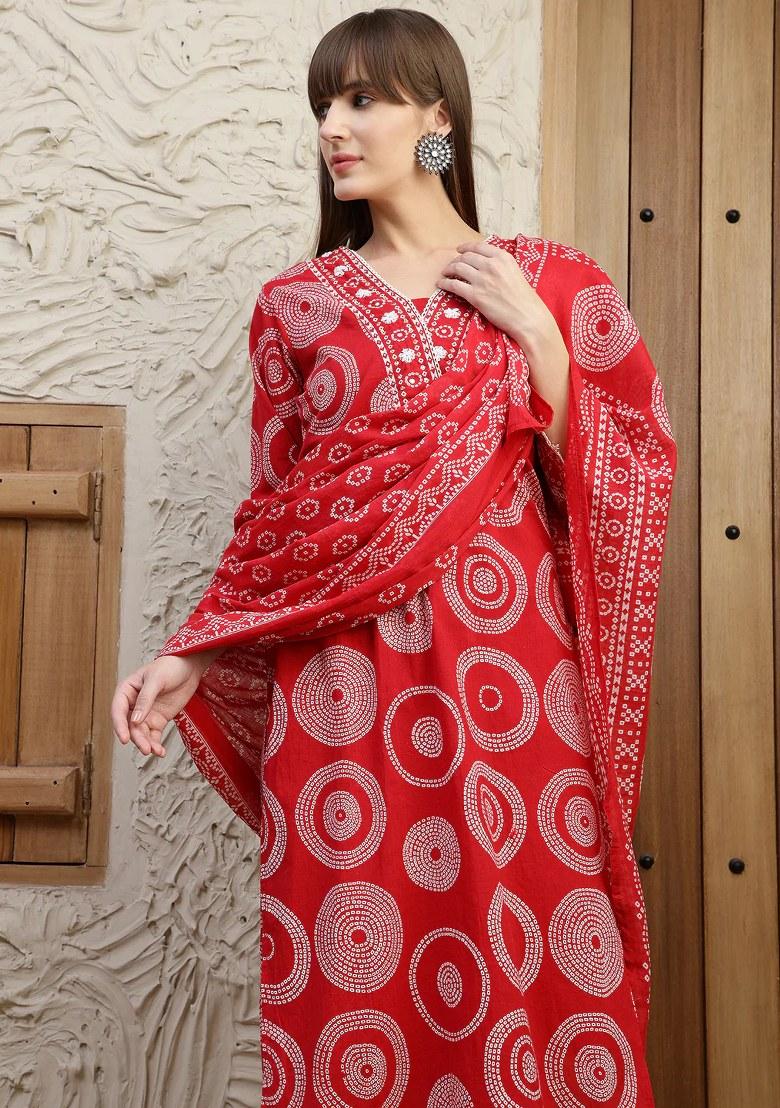 Red Embroidery Cotton Kurta Set - Indya