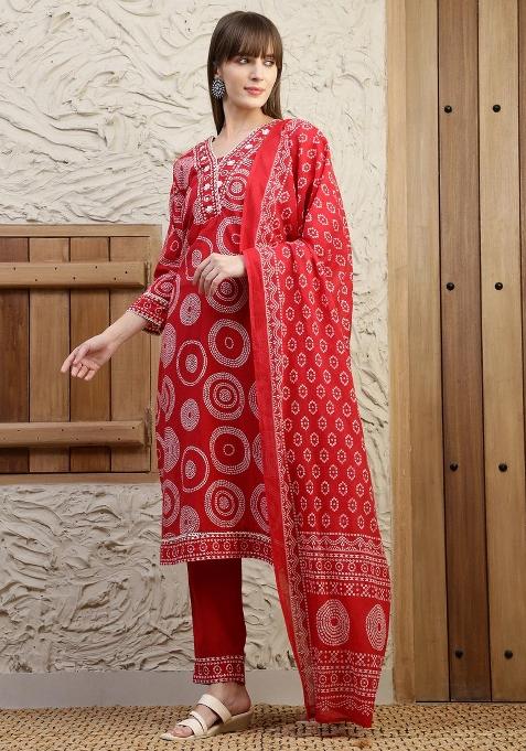 Red Embroidery Cotton Kurta Set